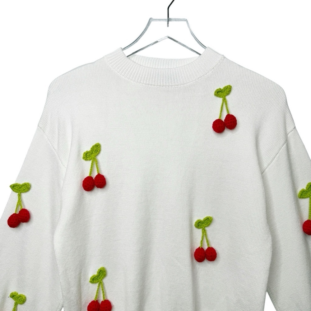 NEW On Twelfth White 3D Cherry Women’s Crew Balloon Sleeve Sweater Sz S - Picture 2 of 11